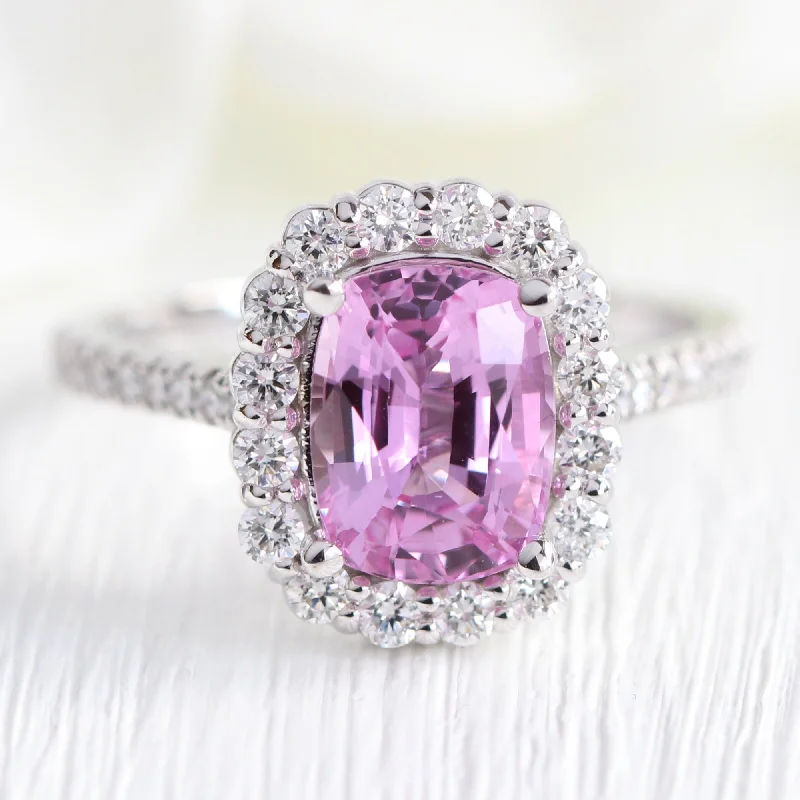 Large Cushion Natural Pink Sapphire Ring in 18k White Gold Halo Diamond, Size 6.25