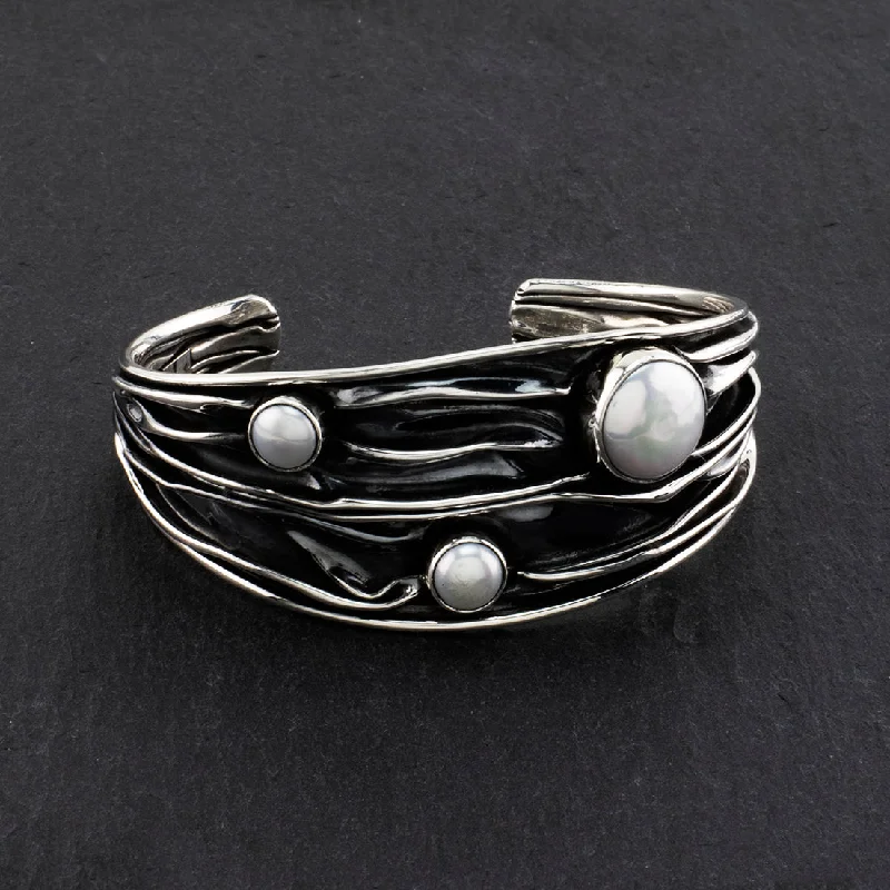 Wide Corrugated Silver and Pearl Cuff Bracelet