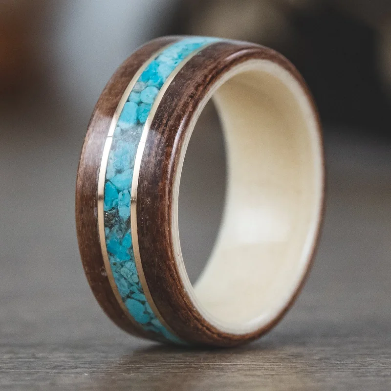 (In-Stock) Antique Walnut Wood Ring, Holly Liner, Center Turquoise & Dual Brass - Size 6 | 7mm Wide