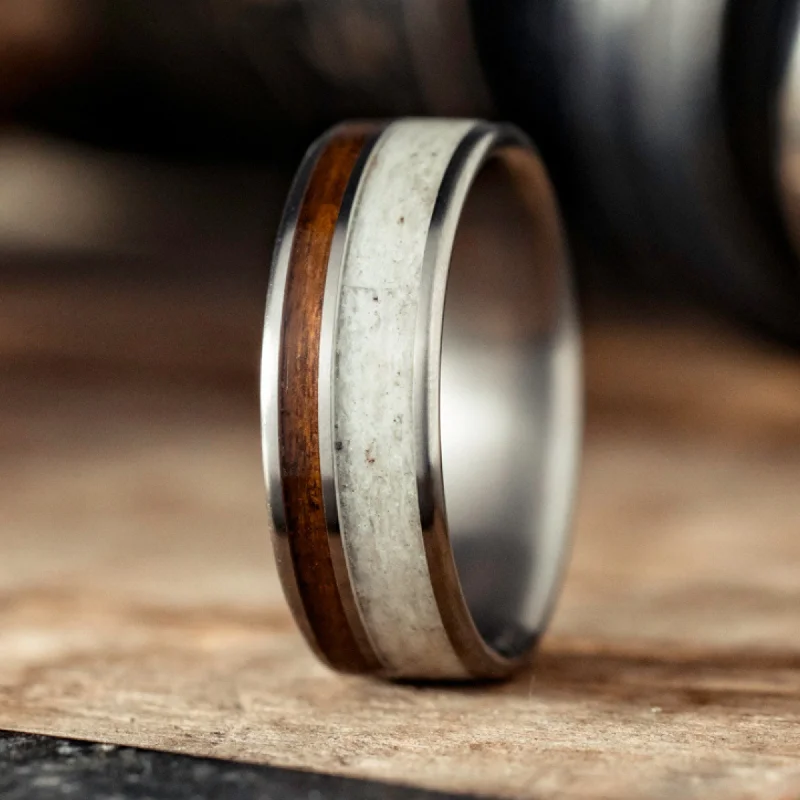 (In-Stock) The Mid-Century Cowboy | Men's Titanium Wedding Band with Elk Antler and USS North Carolina Battleship Teak Wood - Size 10.5 | 8mm Wide