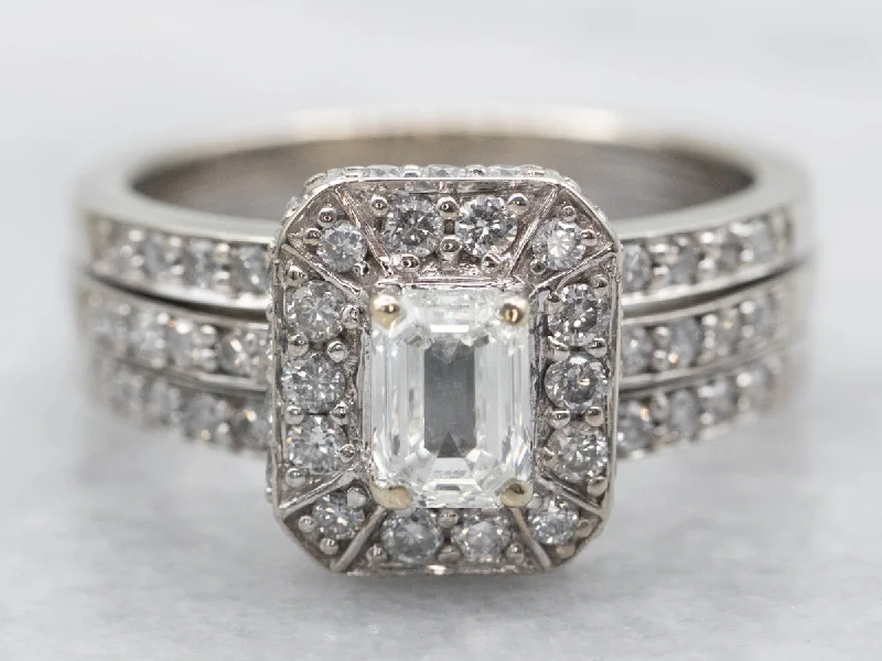 unique sapphire engagement rings -Modern Emerald Cut Diamond Triple Band Engagement Ring with Diamond Shoulders