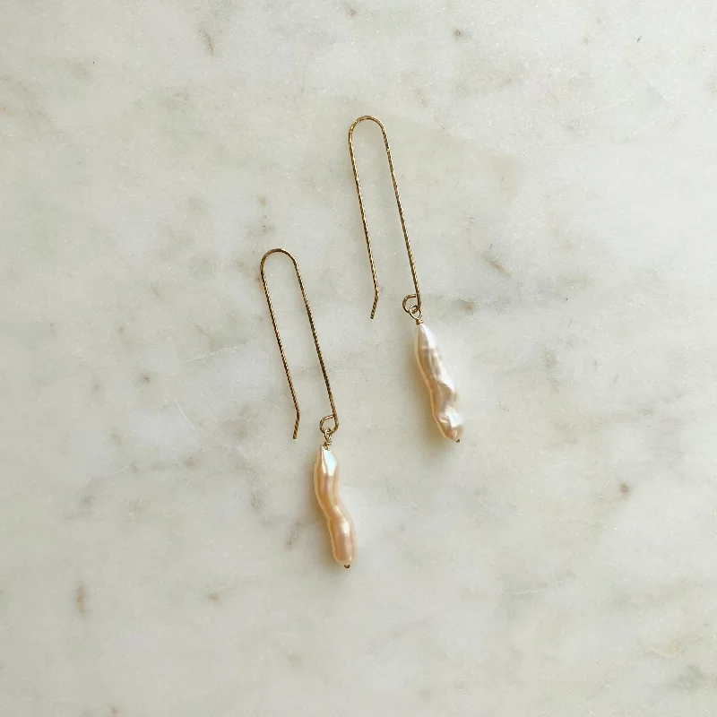 Long Blush Pearl and Gold Cane Earrings