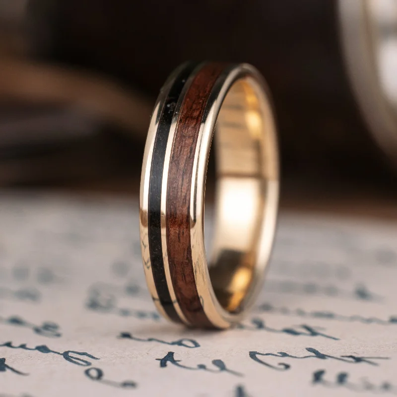 (In-Stock) Custom Men's 14k Yellow Gold Ring with Uniform Fabric & Dark Walnut Wood - Size 12.5 | 6mm Wide