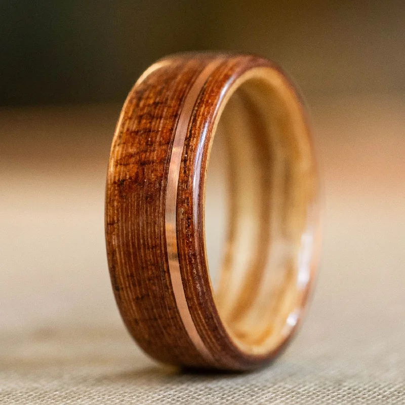 (In-Stock) Iroko Teak Wooden Ring with Natural Whiskey Barrel Liner & Offset Copper - Size 9.75/8mm Wide