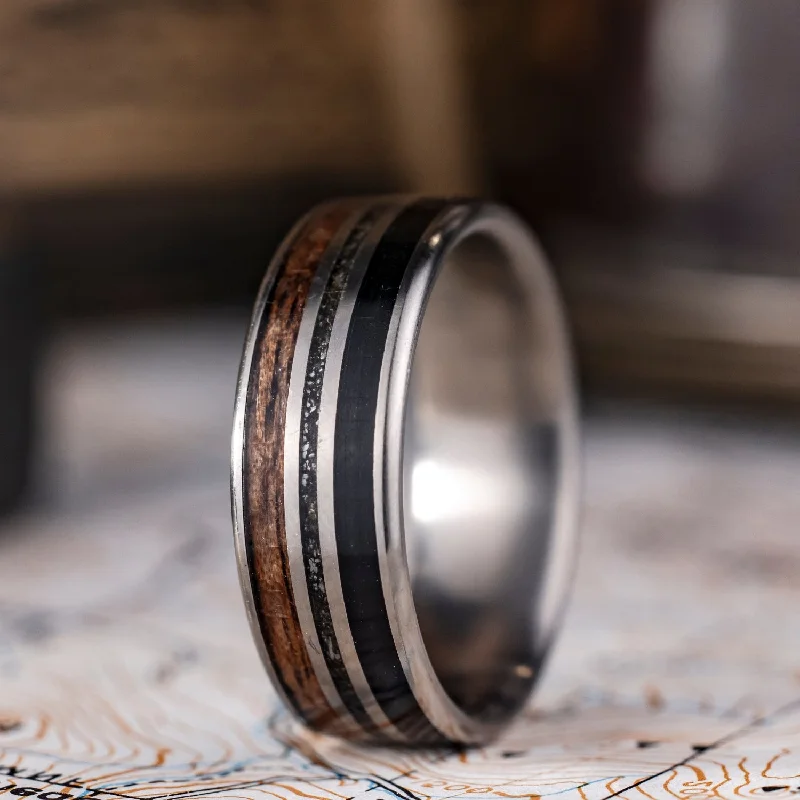 (In-Stock) Custom Titanium Ring with Weathered Whiskey Barrel, Meteorite & M1 Garand Rifle Stock - Size 10.5 | 8mm Wide