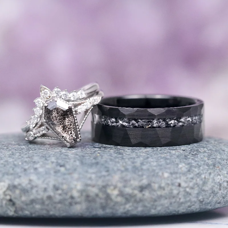 Galaxy Salt & Pepper (Herkimer) Diamond & Meteorite Couples Ring Set