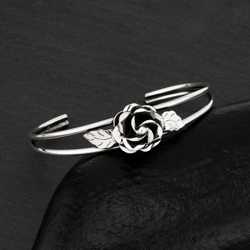 Sterling Silver Rose Flower Cuff Bracelet