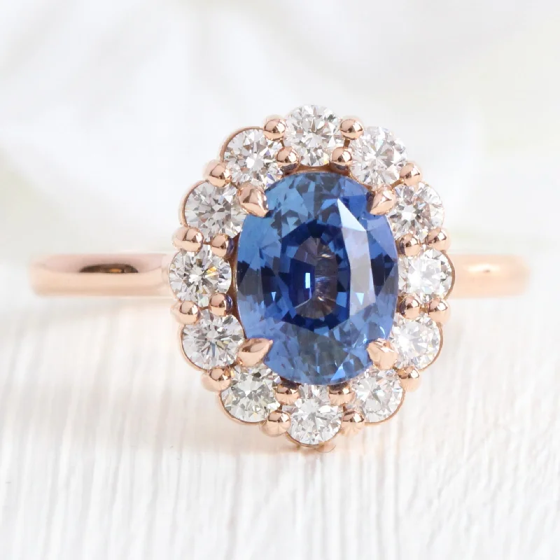 2.82 Ct Oval Ceylon Blue Sapphire Ring in 14k Rose Gold Large Halo Diamond, Size 6.5