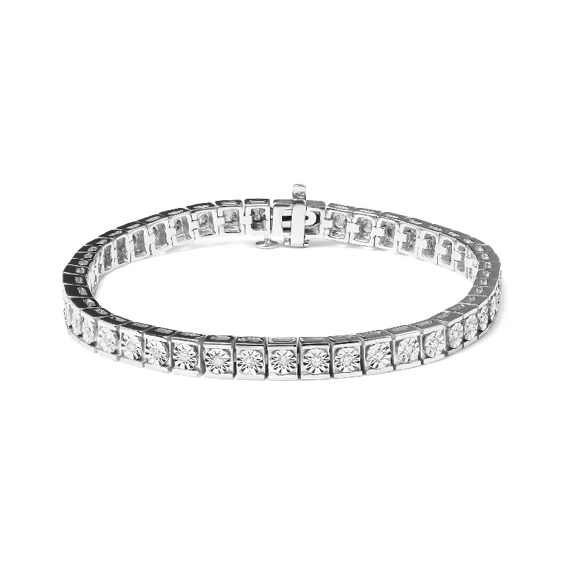 .925 Sterling Silver 1/4 Cttw Miracle Set Diamond and Bead Link 7.25" Tennis Bracelet