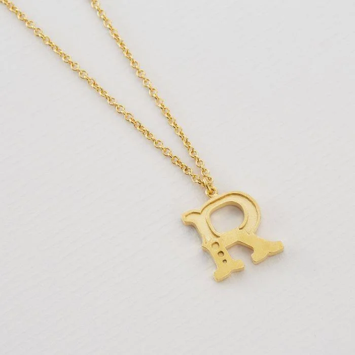 women’s engagement necklaces -Alex Monroe 22ct Gold Vermeil Just My Type Letter R Necklace