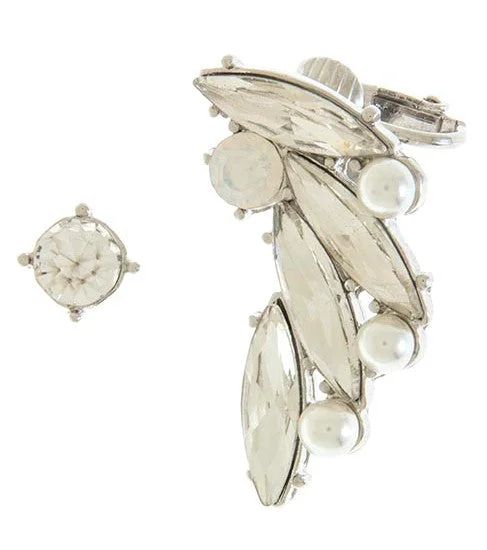 Spiky Crystal & Pearl Ear Crawler Set- Silver