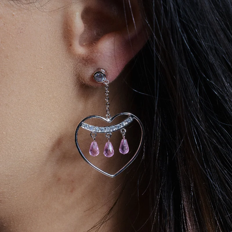 Clearance - Silver 925 Rhodium Plated Open Heart Danging 3 Pink Crystals Earrings - STE00120