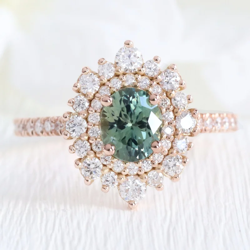 Oval Teal Green Sapphire Pave Ring in 14k Rose Gold Double Halo Diamond, Size 6.5