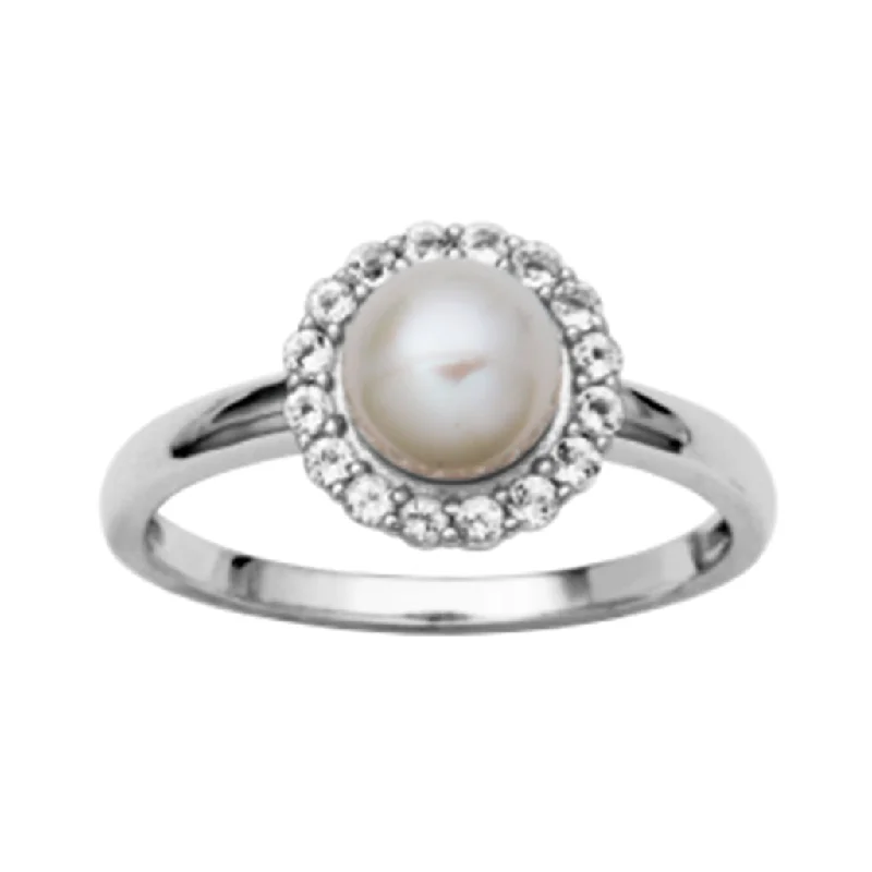 Sterling Silver Pearl & White Topaz Halo Ring by Samuel B.