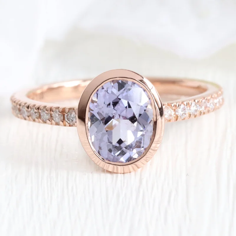 1.92 Ct. Oval Lavender Sapphire Ring in 14k Rose Gold Bezel Pave Diamond, Size 6.25