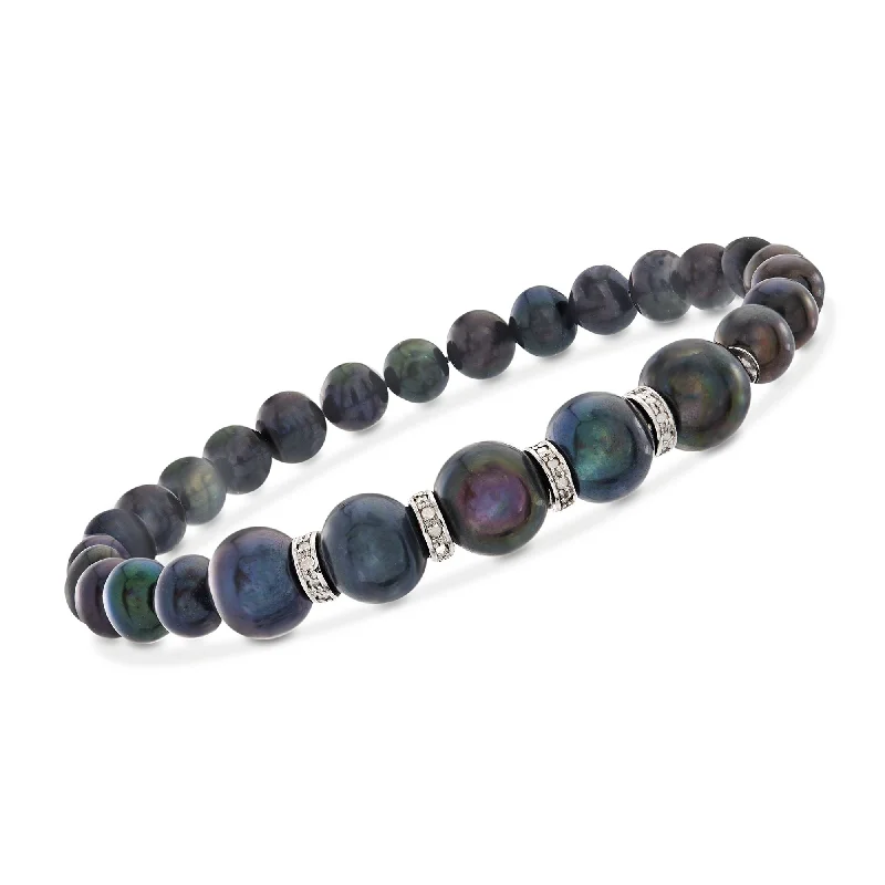 Ross-Simons 6-8.5mm Black Cultured Pearl and . Diamond Stretch Bracelet in Sterling Silver