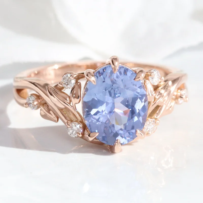 2.66 Ct Oval Aqua Blue Sapphire Ring in 14k Rose Gold Floral Leaf Diamond Band Size 6.5