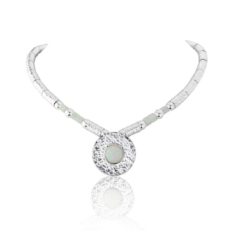 high-end necklaces for women -Lavan Hammered Sterling Silver and White Opal Necklace