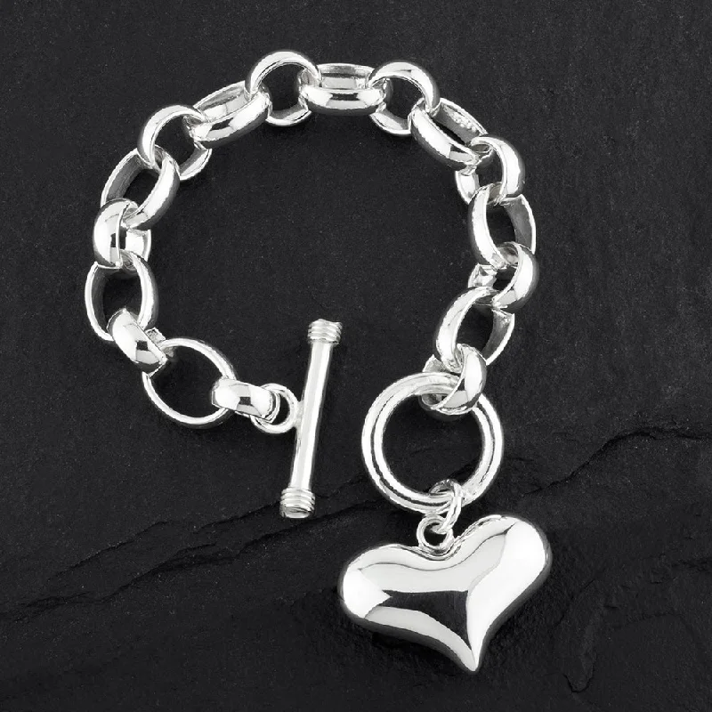 Chunky Sterling Silver Puffy Heart Charm Bracelet