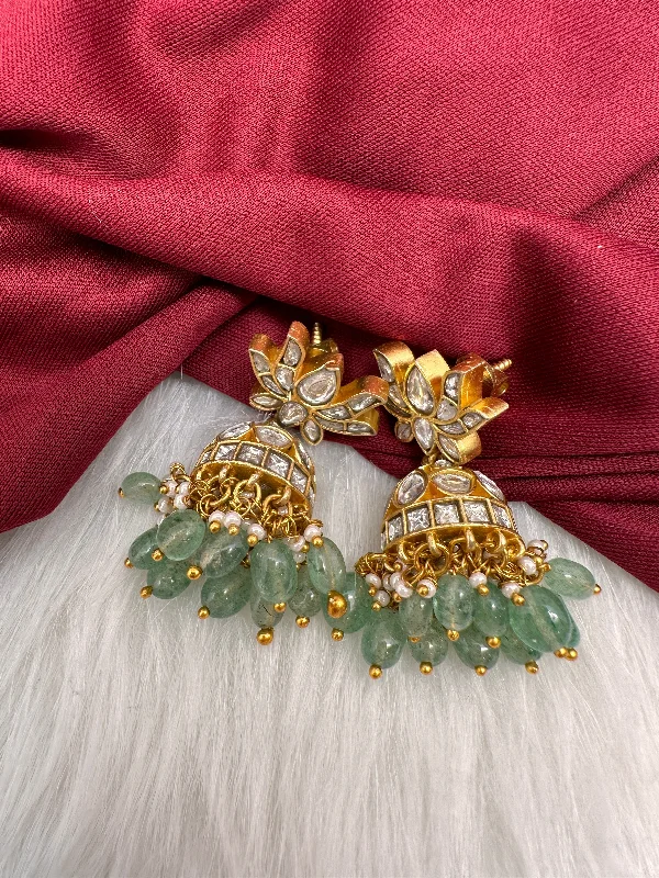 White Jadau Kundan Emerald Beads Earrings