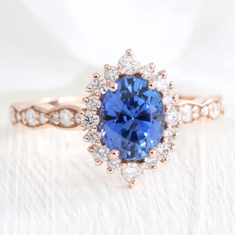 2.36 Ct Oval Ceylon Blue Sapphire Ring in 14k Rose Gold Tiara Halo Diamond, Size 6.5