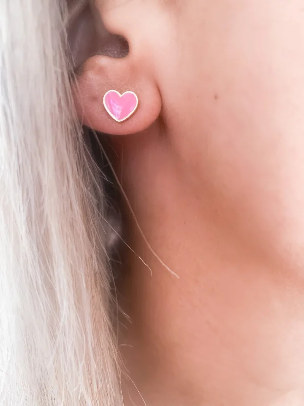 Pink Mini Enamel Heart Stud Earrings