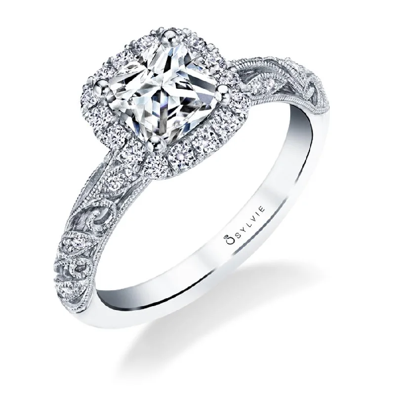 silver engagement rings -Sylvie Collection 14K White Gold Cushion Halo Engagement Ring Setting .37tw