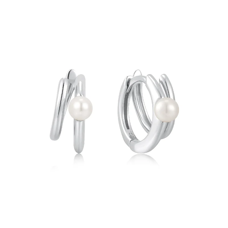 Silver Parallel Duo Freshwater Pearl Huggies