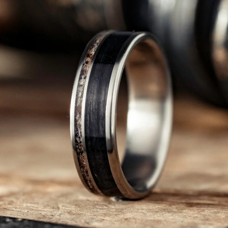 (In-Stock) The Gent's Weekend | Men's Titanium Wedding Band with Weathered Whiskey Barrel and Naturally Shed Elk Antler - Size 12 | 7mm Wide