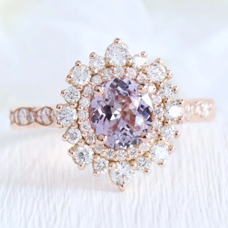 1.7 Ct Oval Lavender Sapphire Ring in 14k Rose Gold Double Halo Diamond, Size 6.5