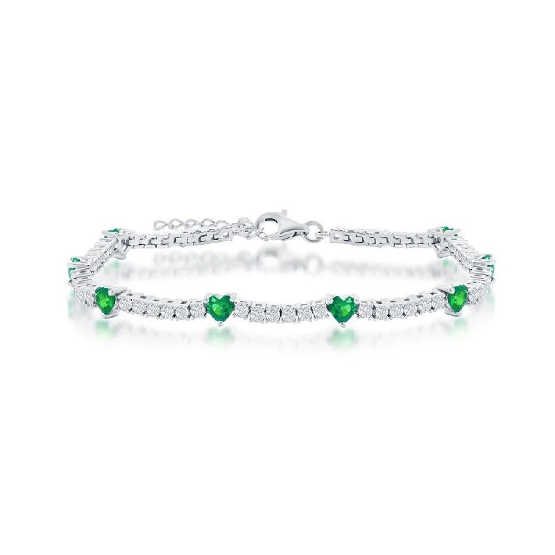 Sterling Silver CZ heart Tennis Bracelet (Green, Blue, Or Red)