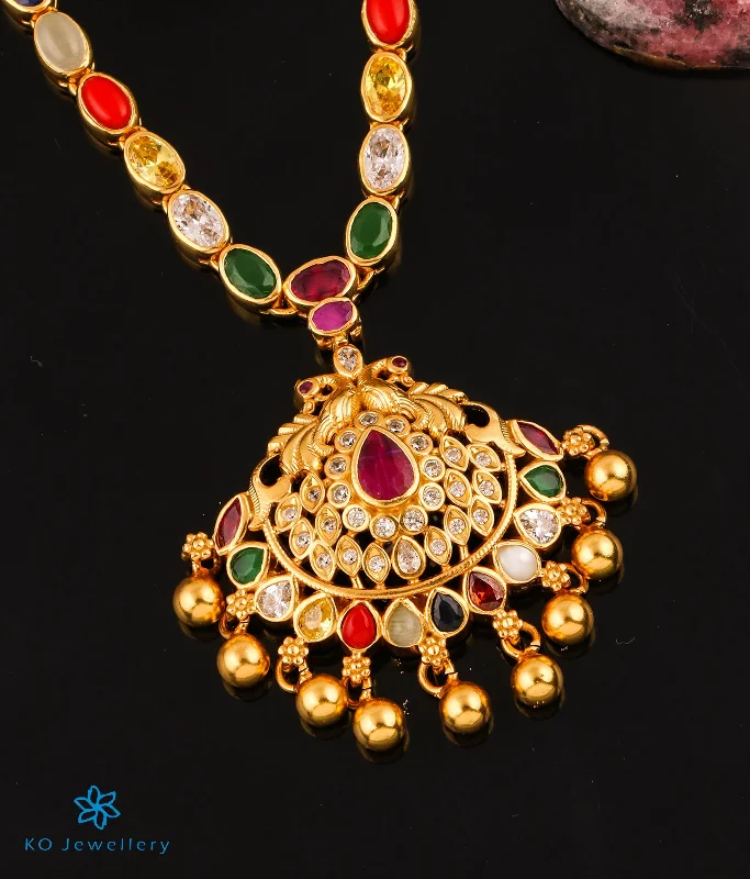 designer name necklaces for women -The Nishta Silver Navratna Peacock Necklace