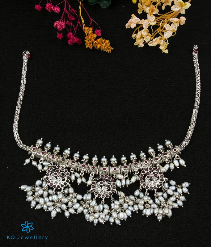 unique necklaces for women -The Prasna Silver Peacock Guttapusalu Necklace