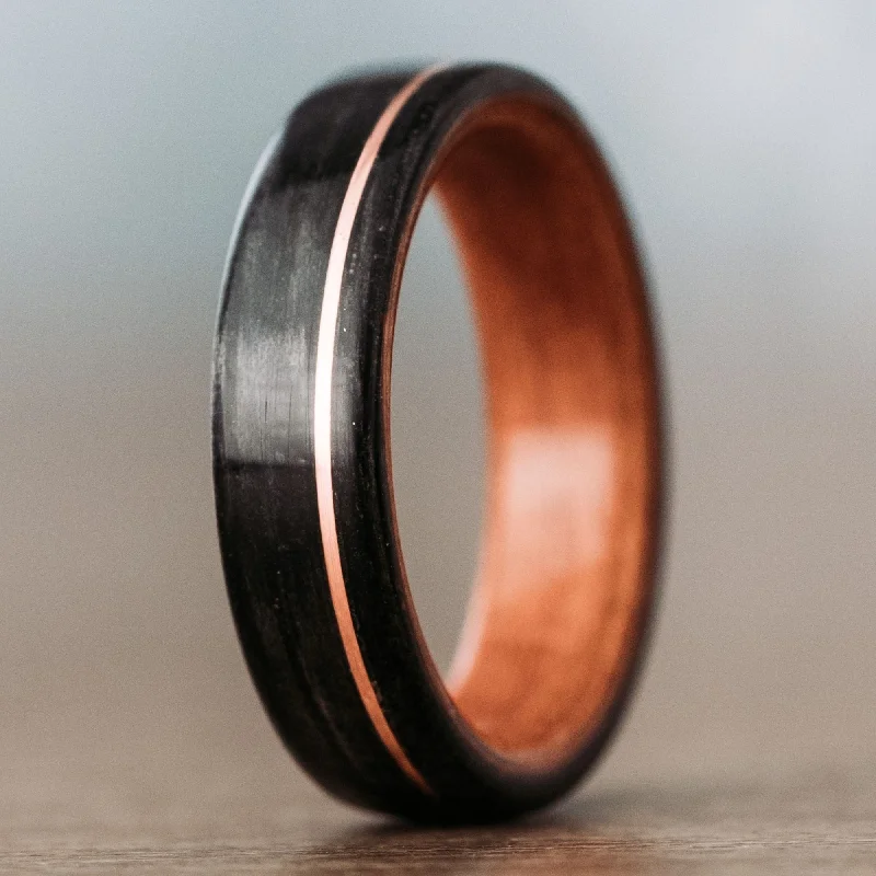 (In-Stock) The Old Fashioned | Men's Whiskey Barrel Wood Wedding Band with Black Cherry Liner & Offset Copper Inlay- Size 9.5 | 7mm Wide