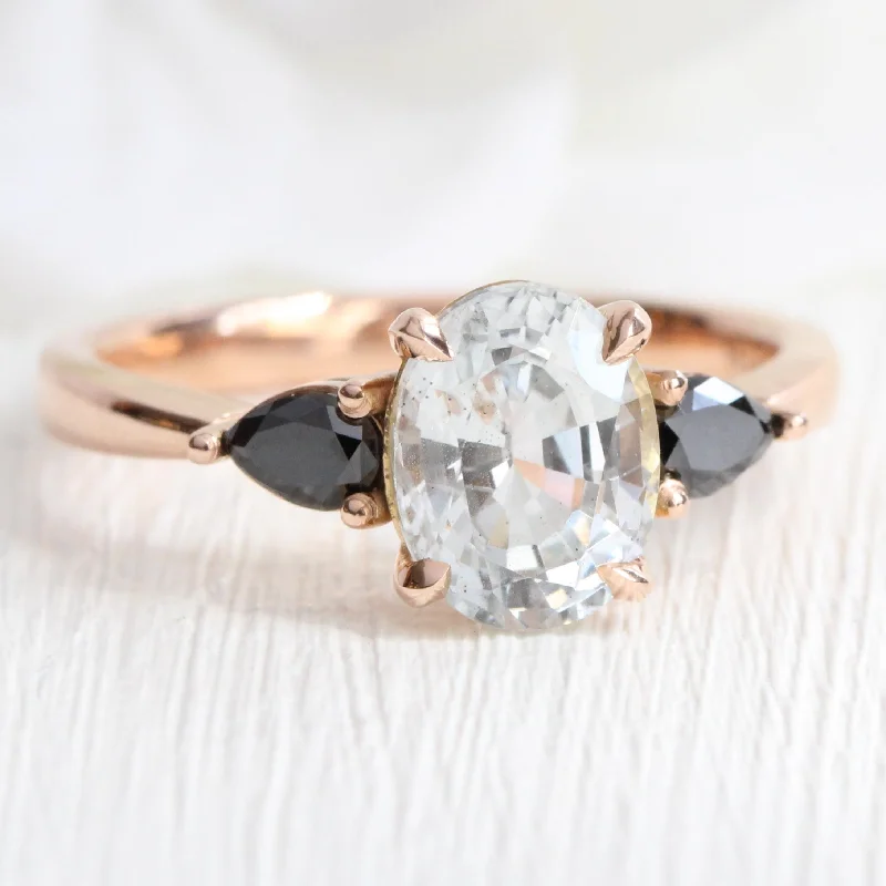 2.45 Ct White Sapphire 3 Stone Ring in 14k Rose Gold Pear Black Diamonds, Size 6.5