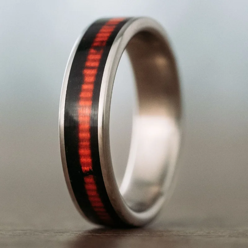 (In-Stock) The Tribute | Men's Titanium Wedding Band with Red Line & Black Ribbon - Size 11 | 6mm