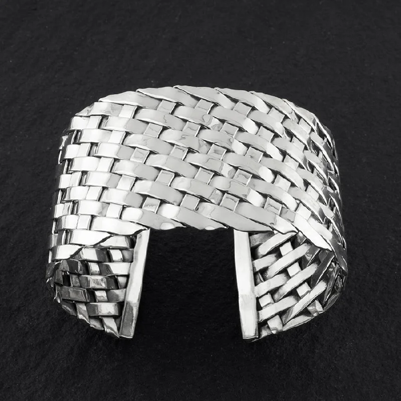 Wide Mexican Silver Basket Weave Cuff Bracelet