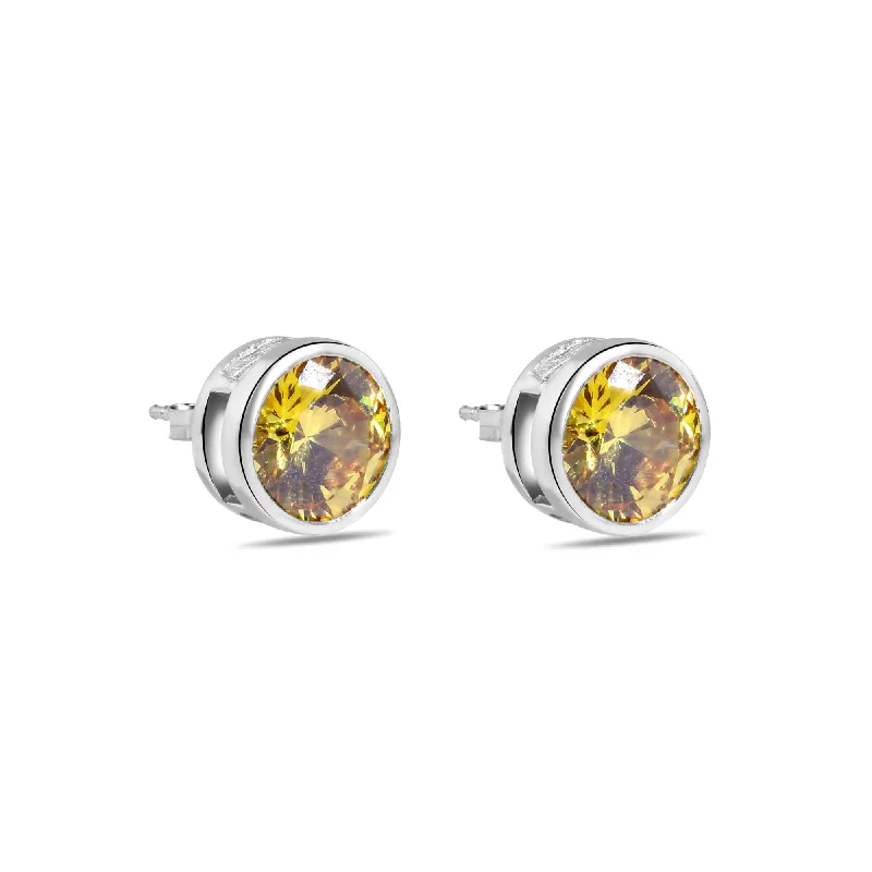 Final Price-Rhodium Plated 925 Sterling Silver Round Yellow CZ Earrings - STEM133