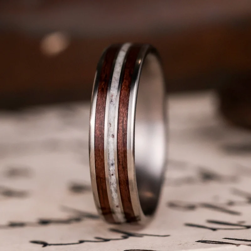 (In-Stock) The Stag | Men's Titanium Wedding Band with Walnut Wood & Elk Antler - Size 9.75 | 6mm Wide