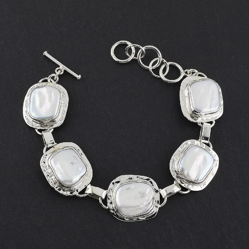 Sterling Silver and Irregular Pearl Link Bracelet