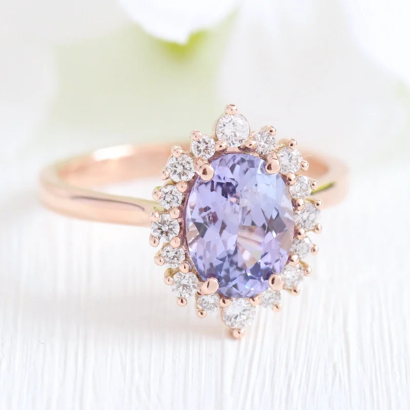 2.55 Ct Large Lavender Purple Sapphire Ring in 14k Rose Gold Tiara Halo Diamond, Size 6.5