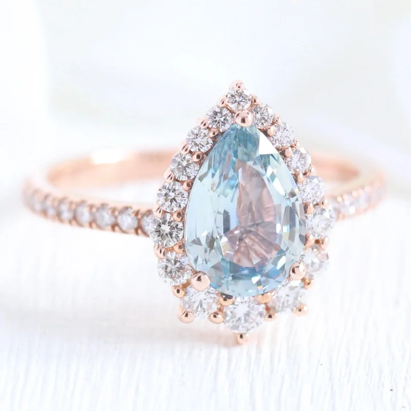 2.42 Ct Rare Aqua Blue Sapphire Ring in 14k Rose Gold Halo Diamond Pave Band, Size 6.25