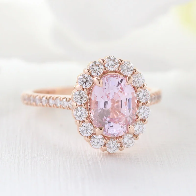 Natural Champagne Pink Sapphire Ring in 14k Rose Gold Large Halo Diamond, Size 6