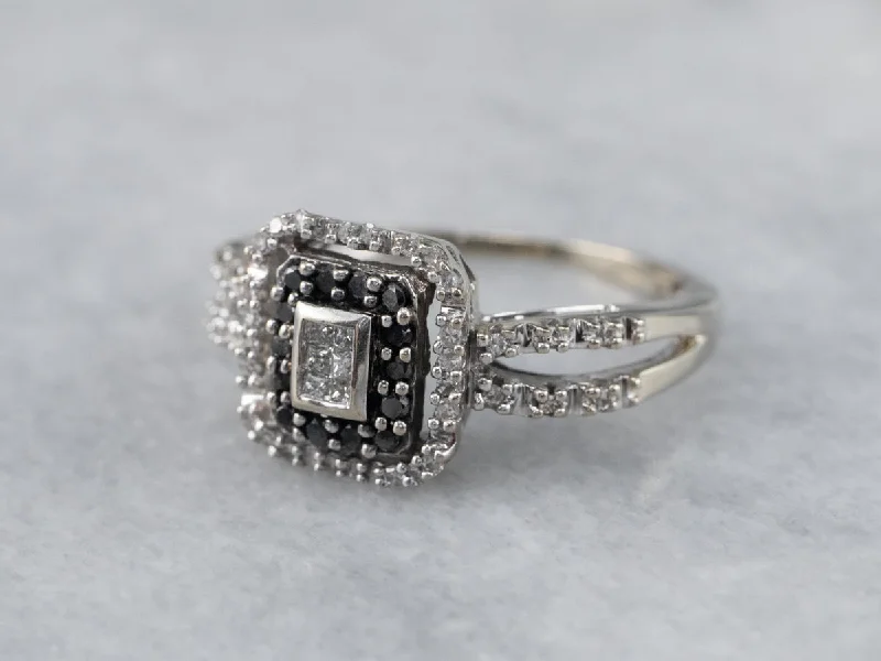 custom engagement rings for women -Black and White Diamond Halo Engagement Ring