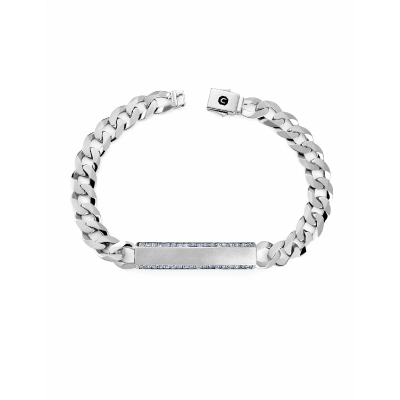 CRISLU Mens Matte Curb Chain ID Bracelet with Brilliant CZ Center In Pure Platinum