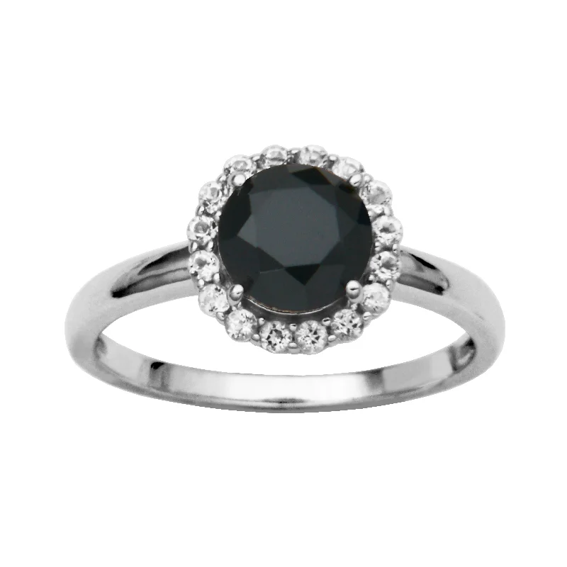 Sterling Silver Black Spinel & White Topaz Halo Ring by Samuel B.