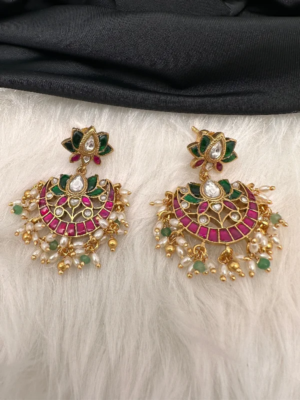 Lotus Red Green Jadau Kundan Earrings