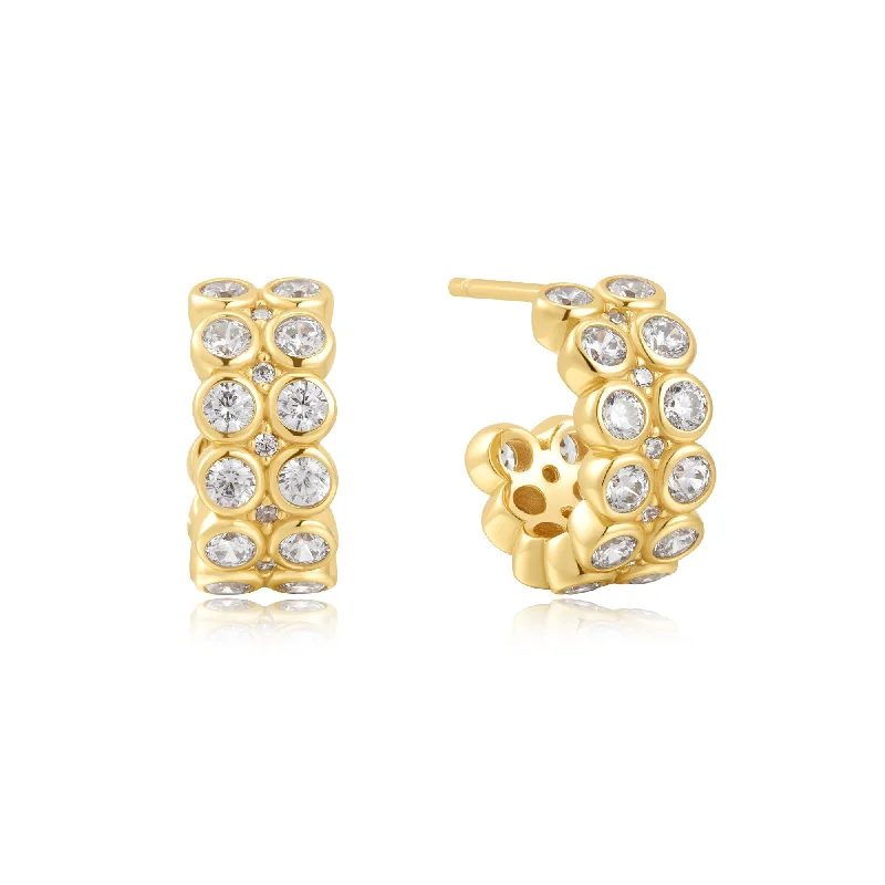 Gold Double Row White Cubic Zirconia  Bezel Set Stud Huggies