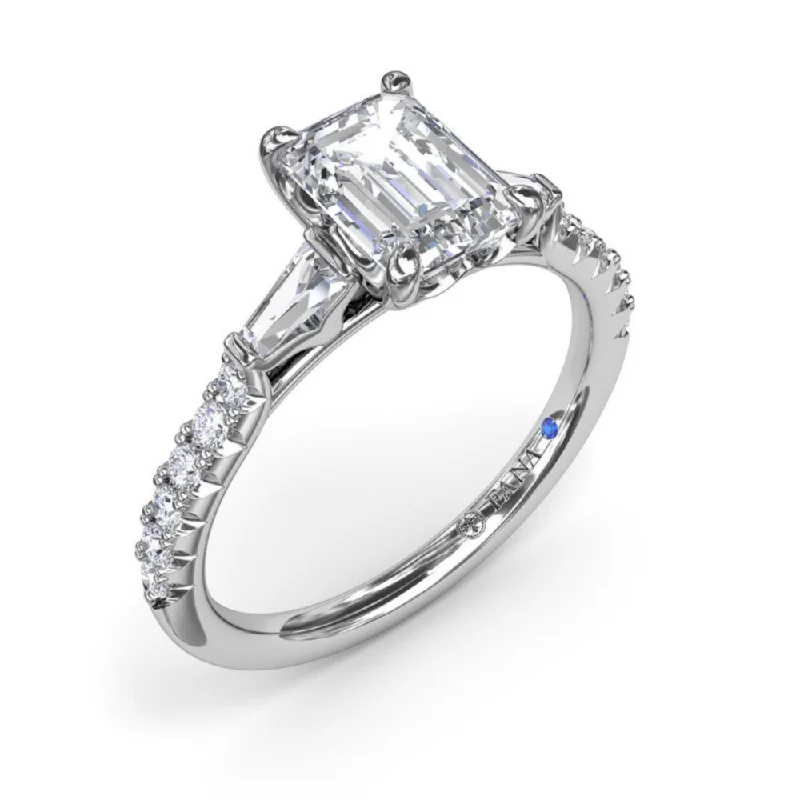 affordable diamond engagement rings -Fana Emerald Cut and Tapered Baguette Engagement Ring Setting in 14 Karat White Gold