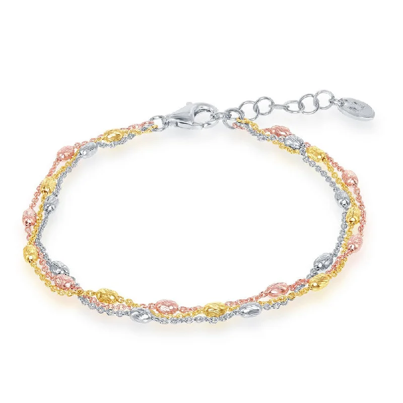 Sterling Silver Triple Strand Oval Beaded Bracelet - Tri Color